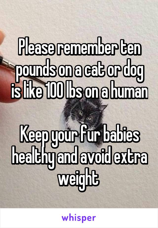 Please remember ten pounds on a cat or dog is like 100 lbs on a human

Keep your fur babies healthy and avoid extra weight 