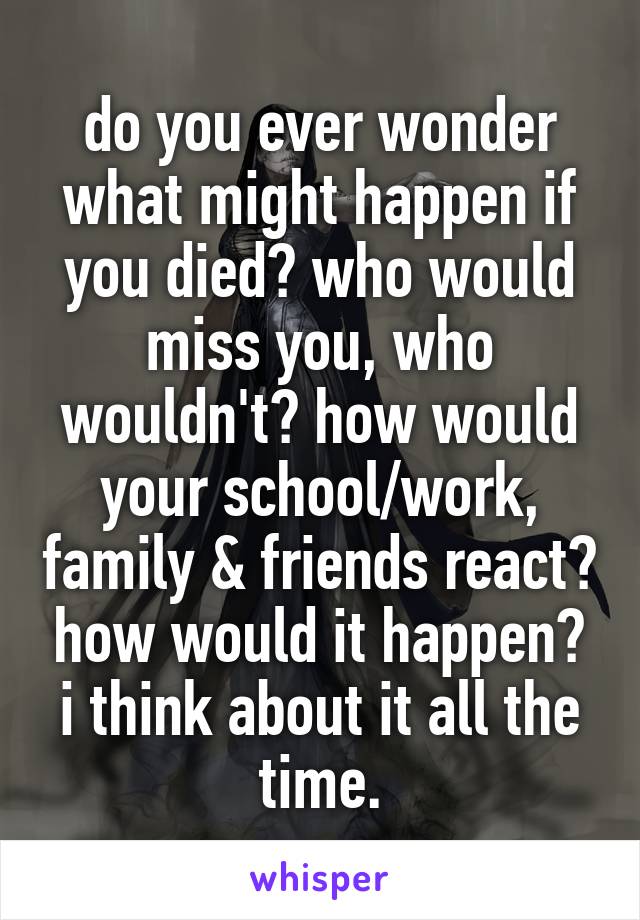 do you ever wonder what might happen if you died? who would miss you, who wouldn't? how would your school/work, family & friends react? how would it happen? i think about it all the time.