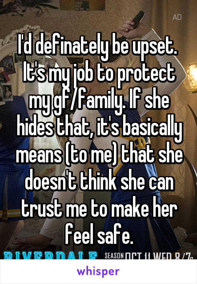 I'd definately be upset.  It's my job to protect my gf/family. If she hides that, it's basically means (to me) that she doesn't think she can trust me to make her feel safe.