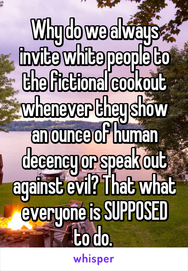Why do we always invite white people to the fictional cookout whenever they show an ounce of human decency or speak out against evil? That what everyone is SUPPOSED to do. 