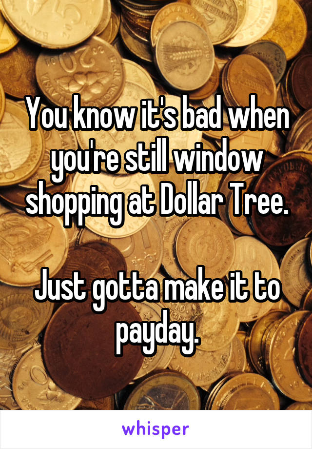 You know it's bad when you're still window shopping at Dollar Tree.

Just gotta make it to payday.
