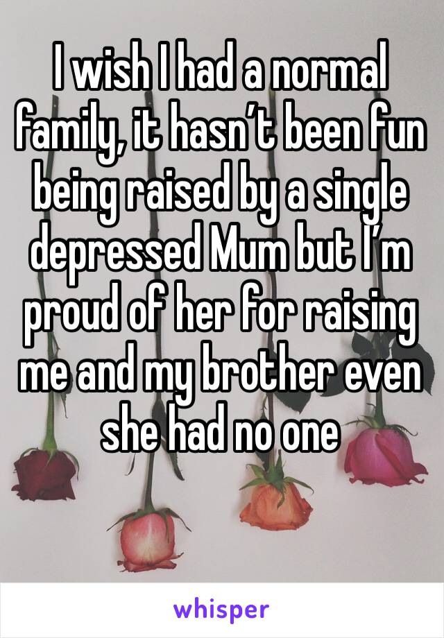 I wish I had a normal family, it hasn’t been fun being raised by a single depressed Mum but I’m proud of her for raising me and my brother even she had no one 