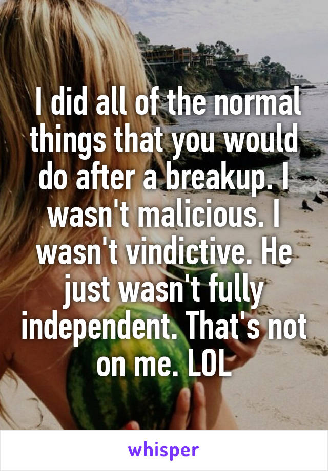  I did all of the normal things that you would do after a breakup. I wasn't malicious. I wasn't vindictive. He just wasn't fully independent. That's not on me. LOL