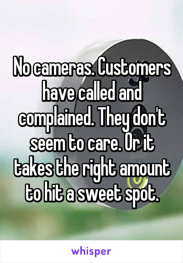 No cameras. Customers have called and complained. They don't seem to care. Or it takes the right amount to hit a sweet spot.