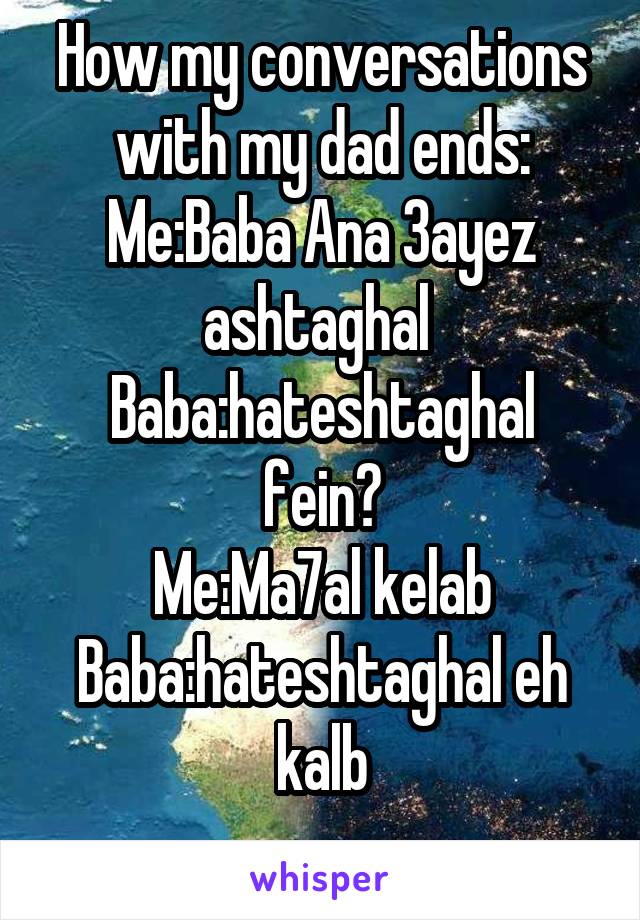 How my conversations with my dad ends:
Me:Baba Ana 3ayez ashtaghal 
Baba:hateshtaghal fein?
Me:Ma7al kelab
Baba:hateshtaghal eh kalb
