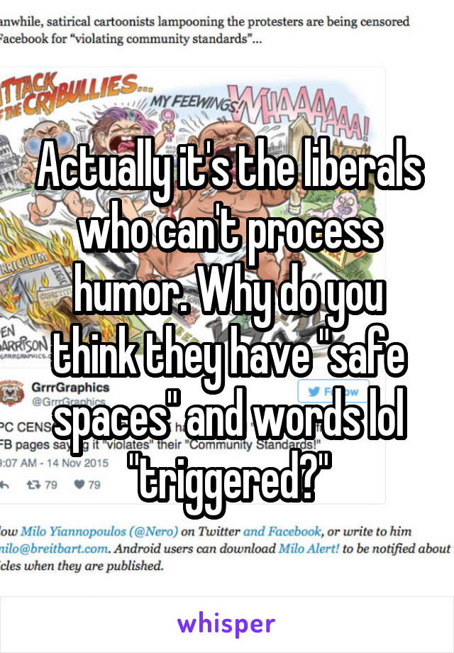 Actually it's the liberals who can't process humor. Why do you think they have "safe spaces" and words lol "triggered?"