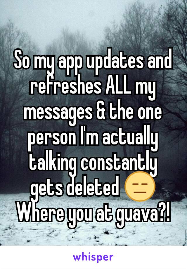 So my app updates and refreshes ALL my messages & the one person I'm actually talking constantly gets deleted 😑
Where you at guava?!