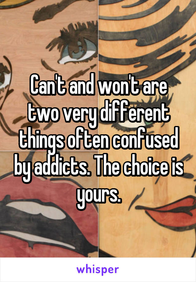 Can't and won't are two very different things often confused by addicts. The choice is yours.
