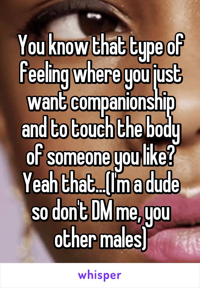 You know that type of feeling where you just want companionship and to touch the body of someone you like? Yeah that...(I'm a dude so don't DM me, you other males)