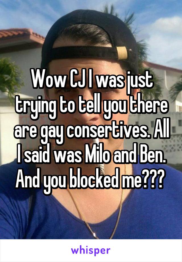 Wow CJ I was just trying to tell you there are gay consertives. All I said was Milo and Ben. And you blocked me??? 