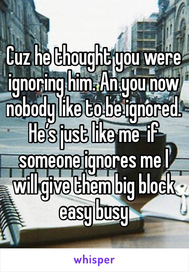 Cuz he thought you were ignoring him. An you now nobody like to be ignored. 
He’s just like me  if someone ignores me I will give them big block easy busy 