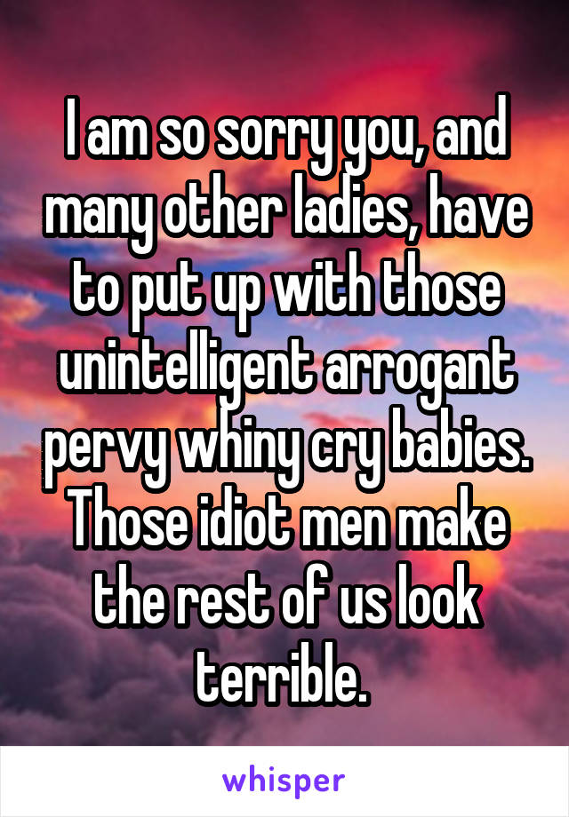 I am so sorry you, and many other ladies, have to put up with those unintelligent arrogant pervy whiny cry babies. Those idiot men make the rest of us look terrible. 
