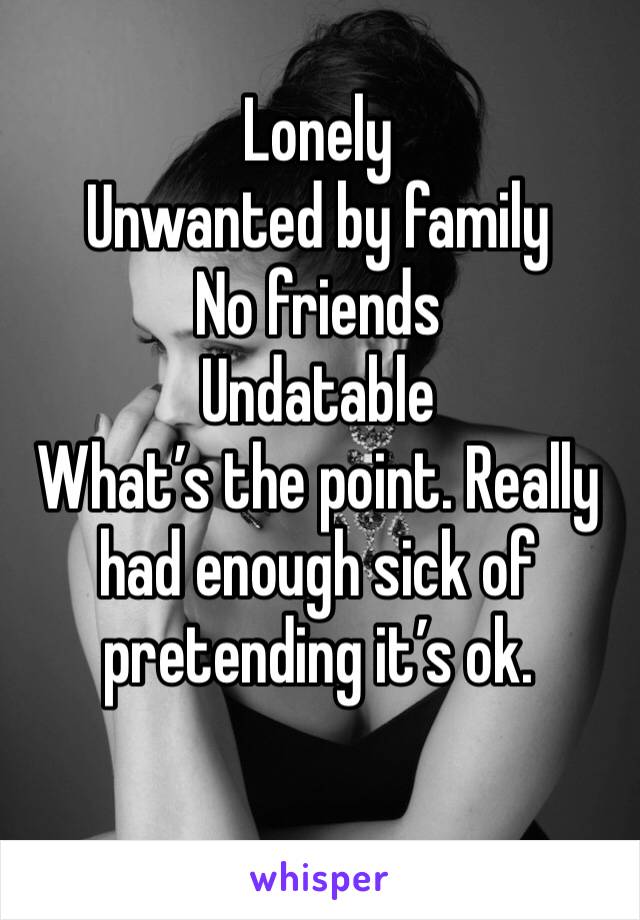 Lonely 
Unwanted by family 
No friends
Undatable 
What’s the point. Really had enough sick of pretending it’s ok. 