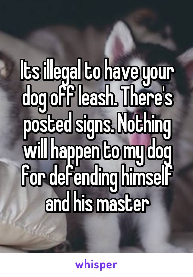 Its illegal to have your dog off leash. There's posted signs. Nothing will happen to my dog for defending himself and his master