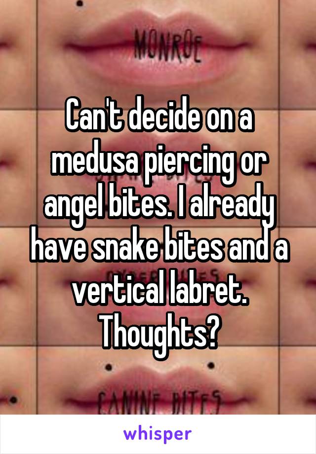 Can't decide on a medusa piercing or angel bites. I already have snake bites and a vertical labret. Thoughts?