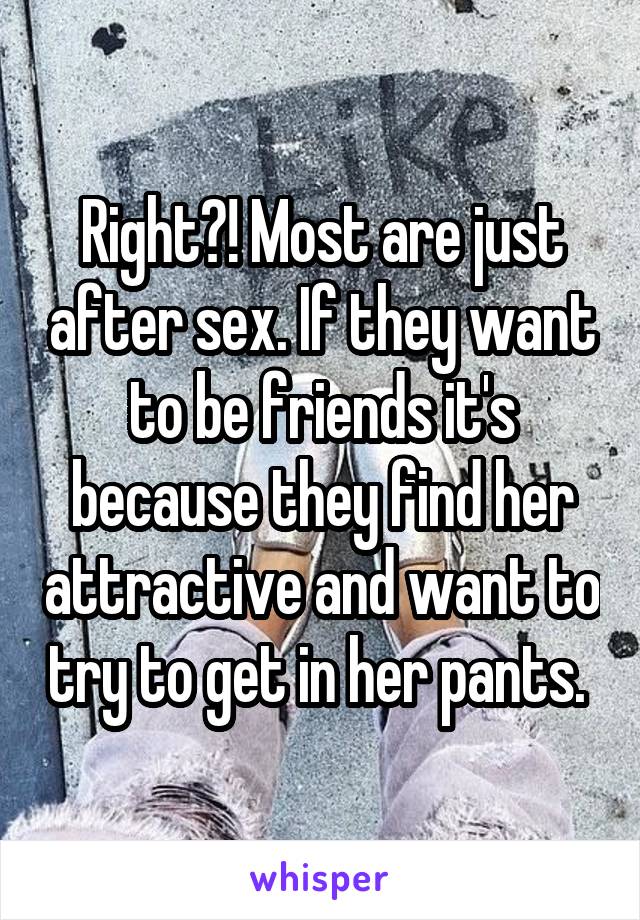 Right?! Most are just after sex. If they want to be friends it's because they find her attractive and want to try to get in her pants. 