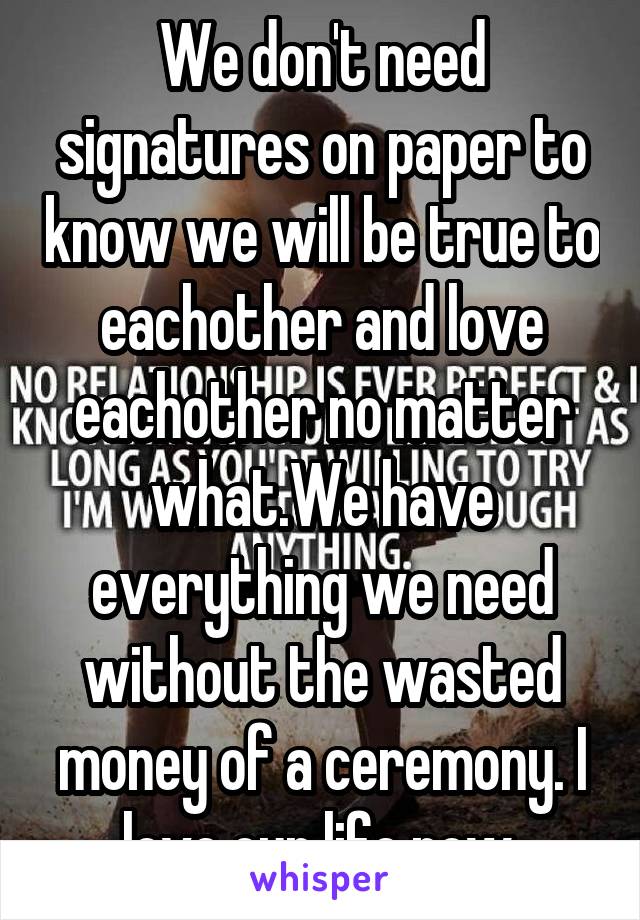 We don't need signatures on paper to know we will be true to eachother and love eachother no matter what.We have everything we need without the wasted money of a ceremony. I love our life now.