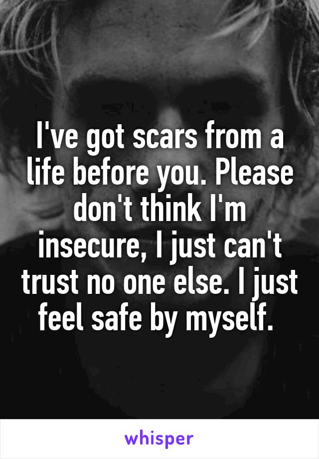 I've got scars from a life before you. Please don't think I'm insecure, I just can't trust no one else. I just feel safe by myself. 