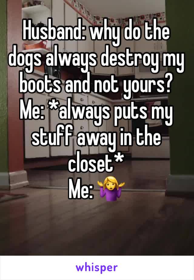 Husband: why do the dogs always destroy my boots and not yours? 
Me: *always puts my stuff away in the closet*
Me: 🤷‍♀️