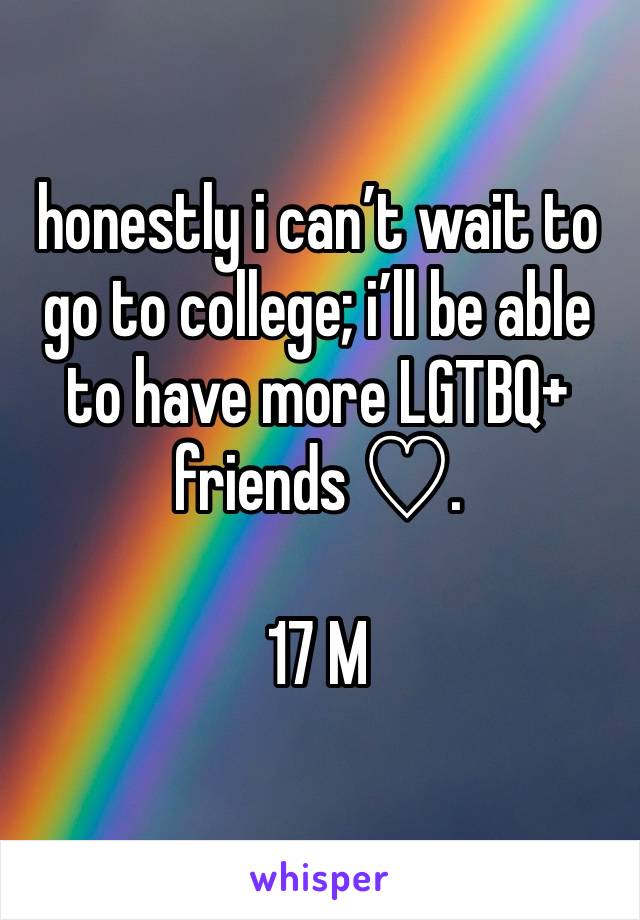 honestly i can’t wait to go to college; i’ll be able to have more LGTBQ+ friends ♡.

17 M