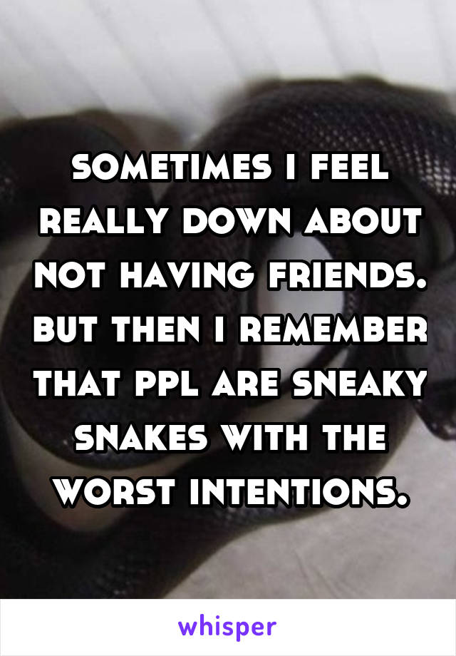 sometimes i feel really down about not having friends. but then i remember that ppl are sneaky snakes with the worst intentions.