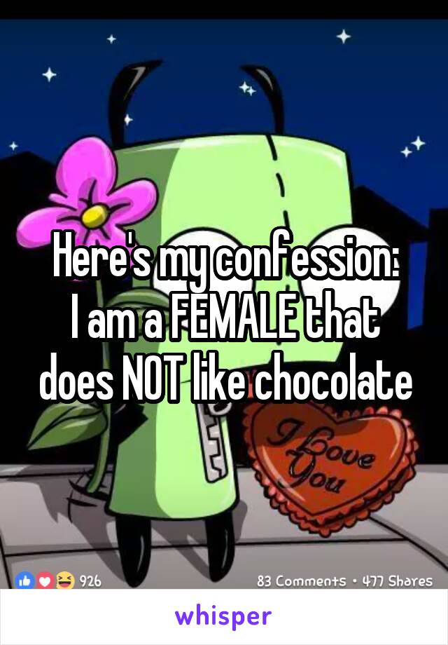 Here's my confession:
I am a FEMALE that does NOT like chocolate