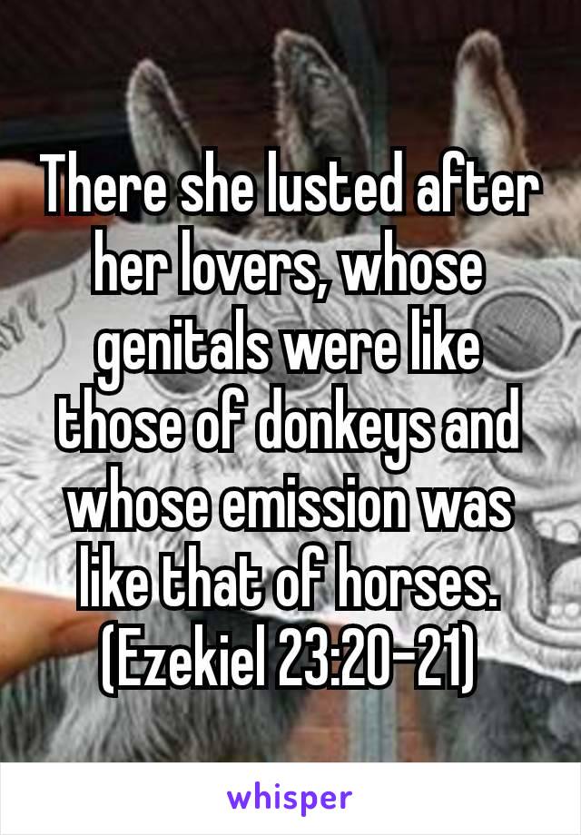 There she lusted after her lovers, whose genitals were like those of donkeys and whose emission was like that of horses. (Ezekiel 23:20–21)