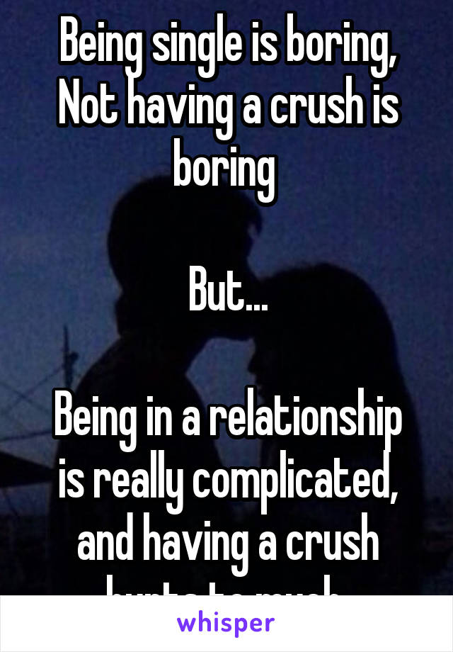 Being single is boring, Not having a crush is boring 

But...

Being in a relationship is really complicated, and having a crush hurts to much 