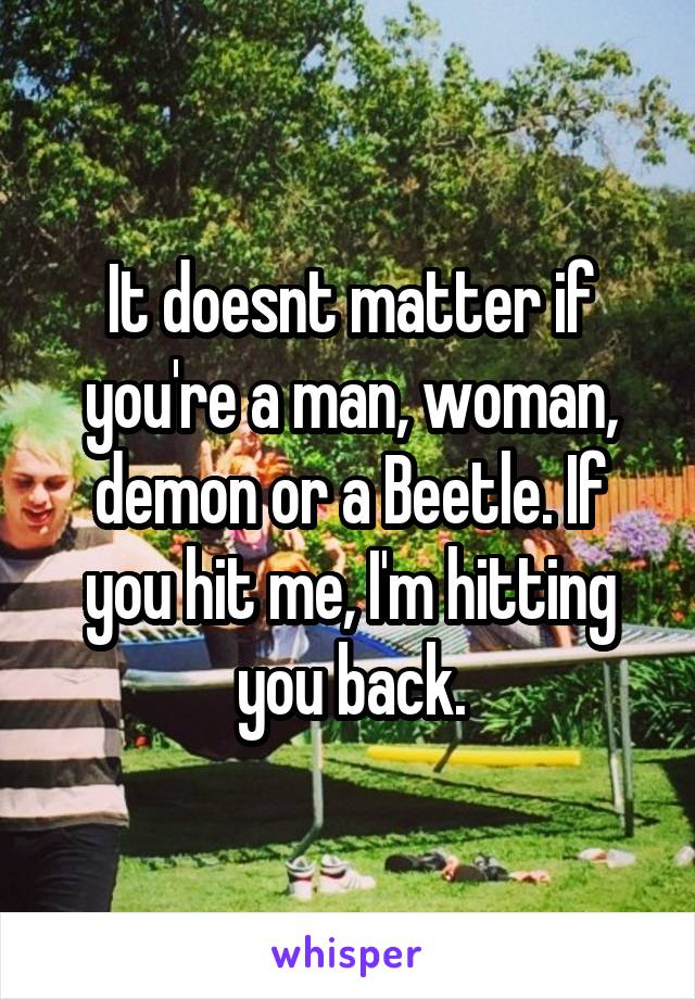 It doesnt matter if you're a man, woman, demon or a Beetle. If you hit me, I'm hitting you back.