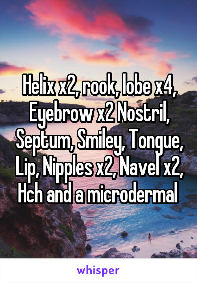 Helix x2, rook, lobe x4, Eyebrow x2 Nostril, Septum, Smiley, Tongue, Lip, Nipples x2, Navel x2, Hch and a microdermal 