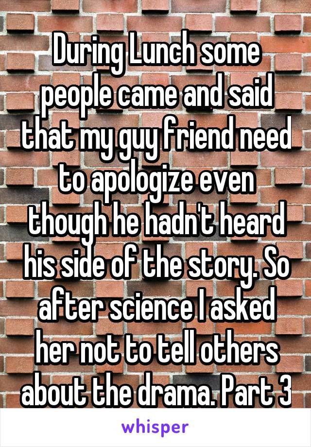 During Lunch some people came and said that my guy friend need to apologize even though he hadn't heard his side of the story. So after science I asked her not to tell others about the drama. Part 3