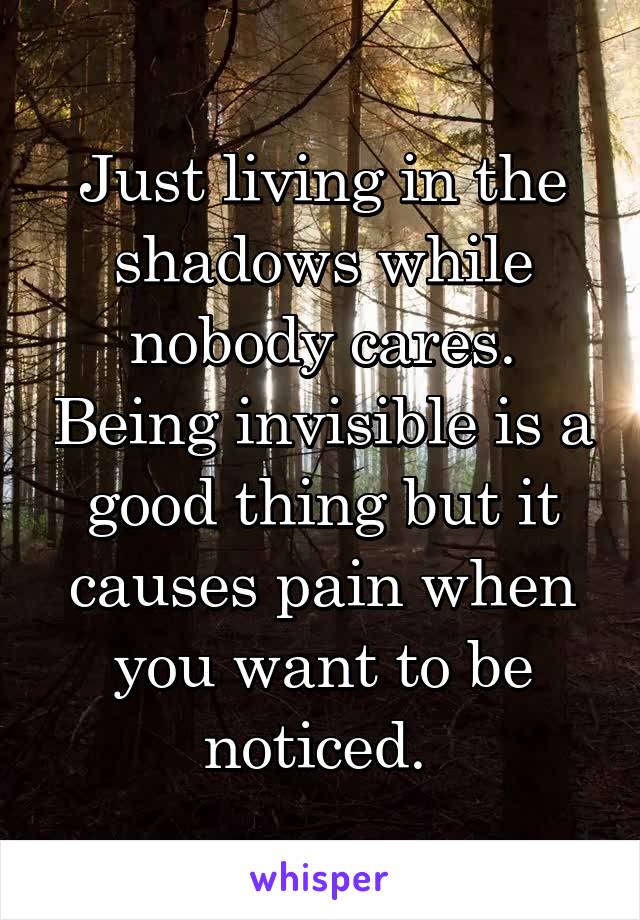 Just living in the shadows while nobody cares. Being invisible is a good thing but it causes pain when you want to be noticed. 