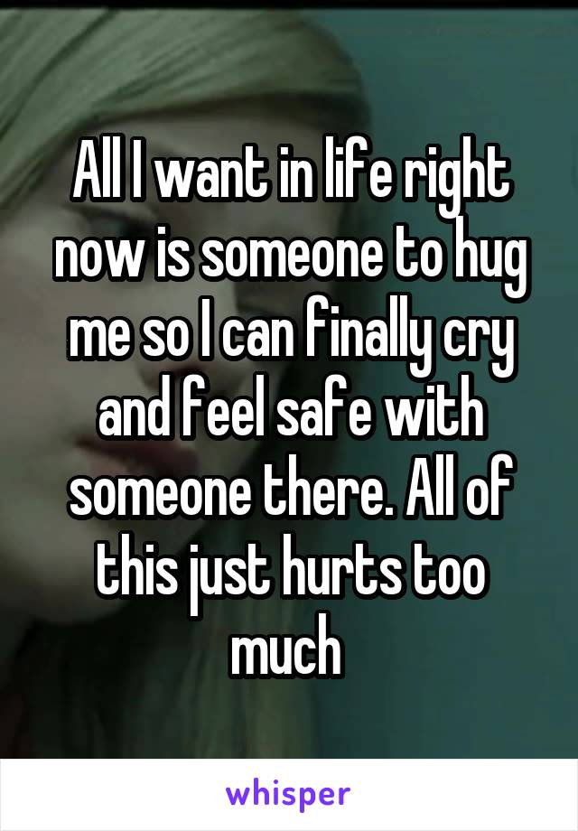 All I want in life right now is someone to hug me so I can finally cry and feel safe with someone there. All of this just hurts too much 