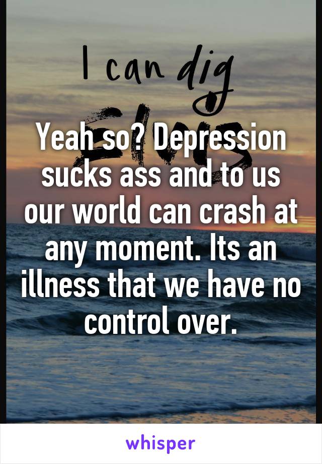 Yeah so? Depression sucks ass and to us our world can crash at any moment. Its an illness that we have no control over.