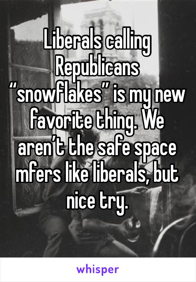 Liberals calling Republicans “snowflakes” is my new favorite thing. We aren’t the safe space mfers like liberals, but nice try. 