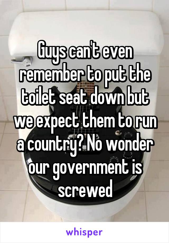 Guys can't even remember to put the toilet seat down but we expect them to run a country? No wonder our government is screwed