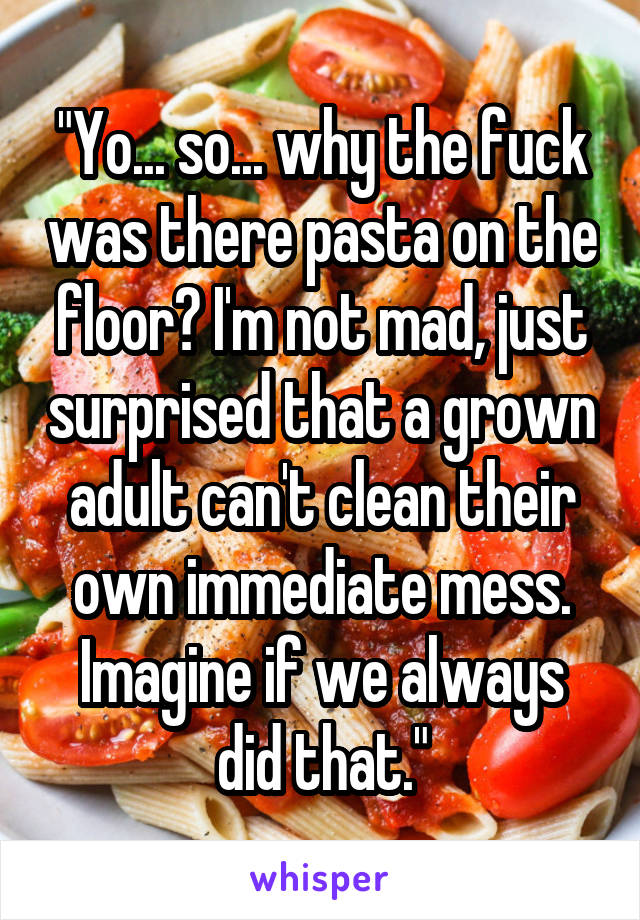 "Yo... so... why the fuck was there pasta on the floor? I'm not mad, just surprised that a grown adult can't clean their own immediate mess. Imagine if we always did that."