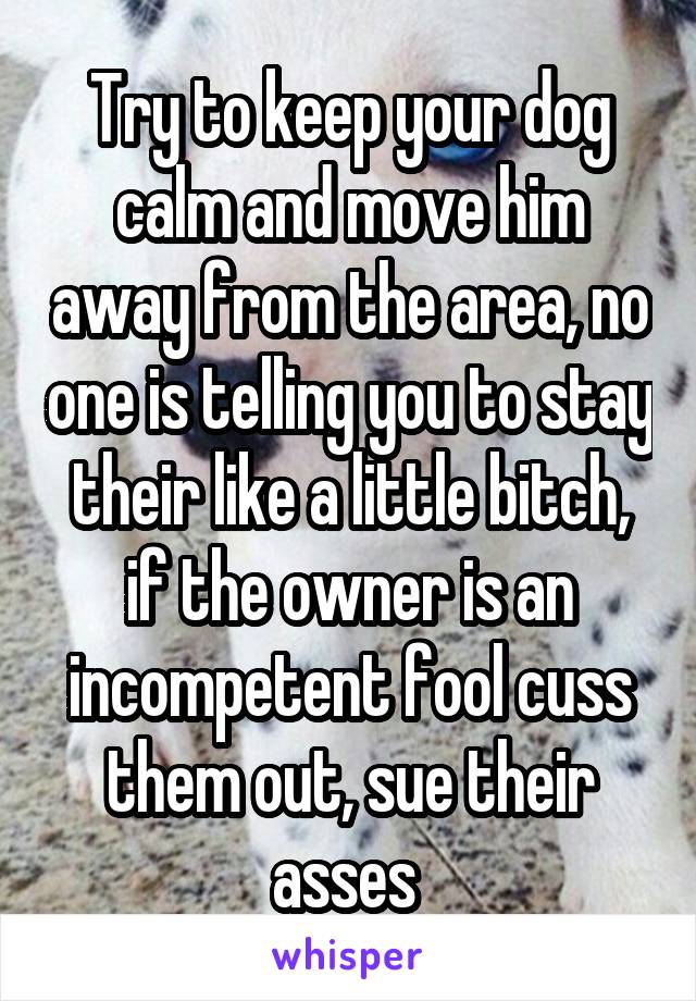 Try to keep your dog calm and move him away from the area, no one is telling you to stay their like a little bitch, if the owner is an incompetent fool cuss them out, sue their asses 