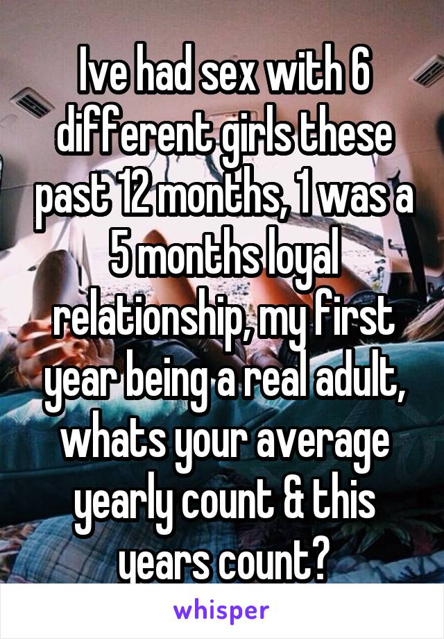 Ive had sex with 6 different girls these past 12 months, 1 was a 5 months loyal relationship, my first year being a real adult, whats your average yearly count & this years count?