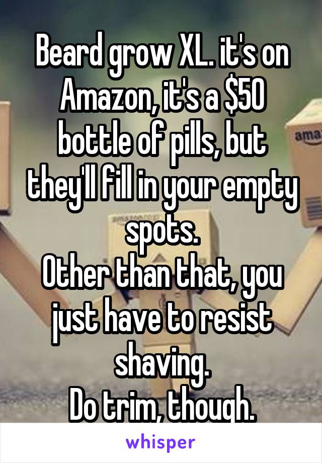Beard grow XL. it's on Amazon, it's a $50 bottle of pills, but they'll fill in your empty spots.
Other than that, you just have to resist shaving.
Do trim, though.