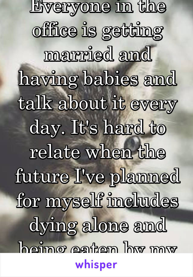 Everyone in the office is getting married and having babies and talk about it every day. It's hard to relate when the future I've planned for myself includes dying alone and being eaten by my pets. 