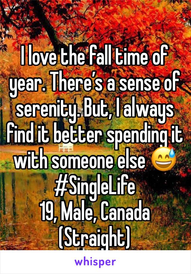 I love the fall time of year. There’s a sense of serenity. But, I always find it better spending it with someone else 😅 
#SingleLife 
19, Male, Canada 
(Straight) 