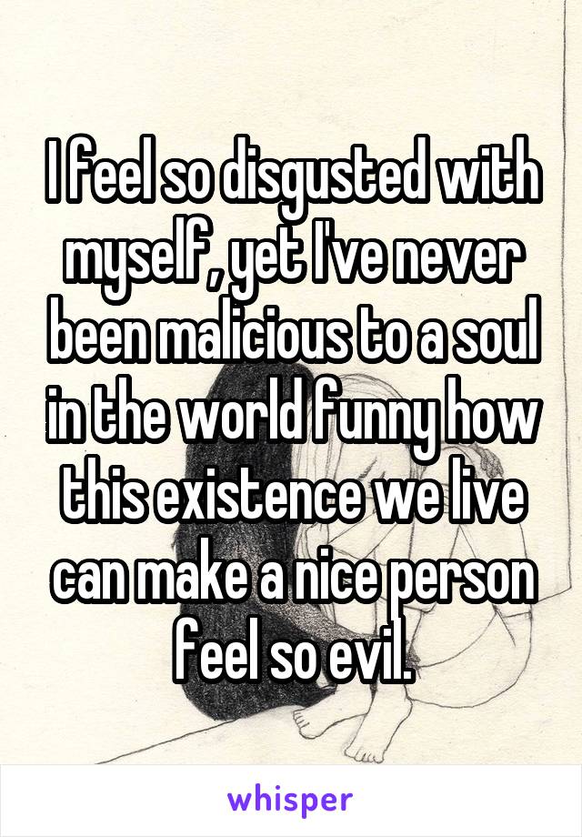 I feel so disgusted with myself, yet I've never been malicious to a soul in the world funny how this existence we live can make a nice person feel so evil.