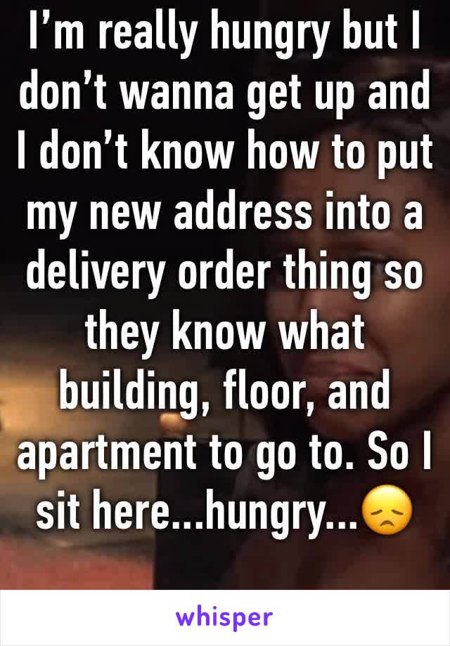 I’m really hungry but I don’t wanna get up and I don’t know how to put my new address into a delivery order thing so they know what building, floor, and apartment to go to. So I sit here...hungry...😞