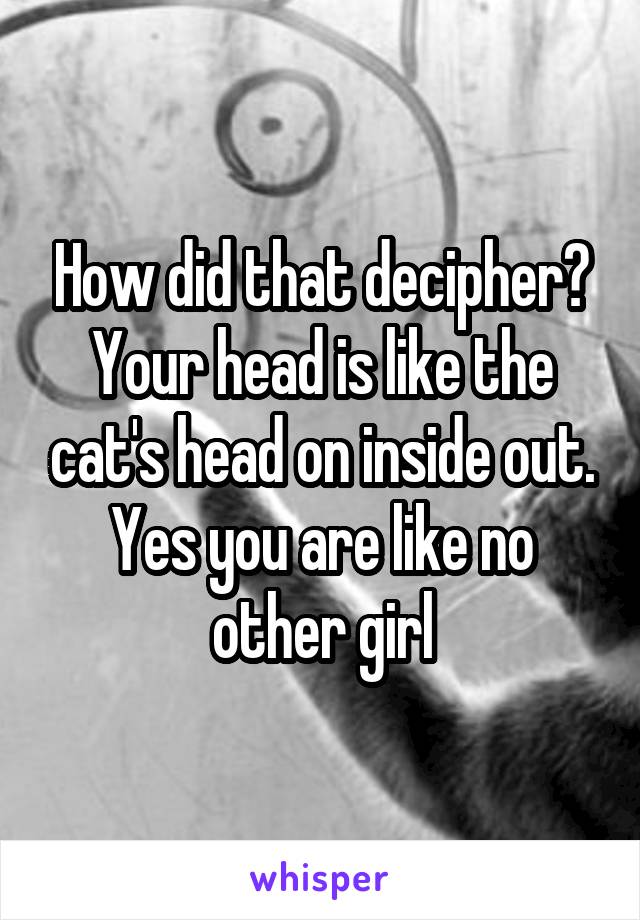 How did that decipher? Your head is like the cat's head on inside out.
Yes you are like no other girl