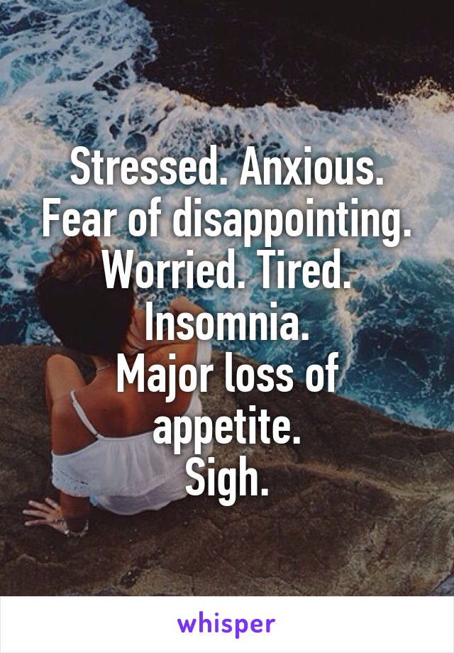 Stressed. Anxious.
Fear of disappointing.
Worried. Tired.
Insomnia.
Major loss of appetite.
Sigh.