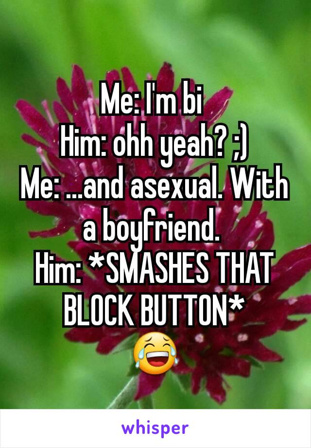 Me: I'm bi 
Him: ohh yeah? ;)
Me: ...and asexual. With a boyfriend. 
Him: *SMASHES THAT BLOCK BUTTON*
😂