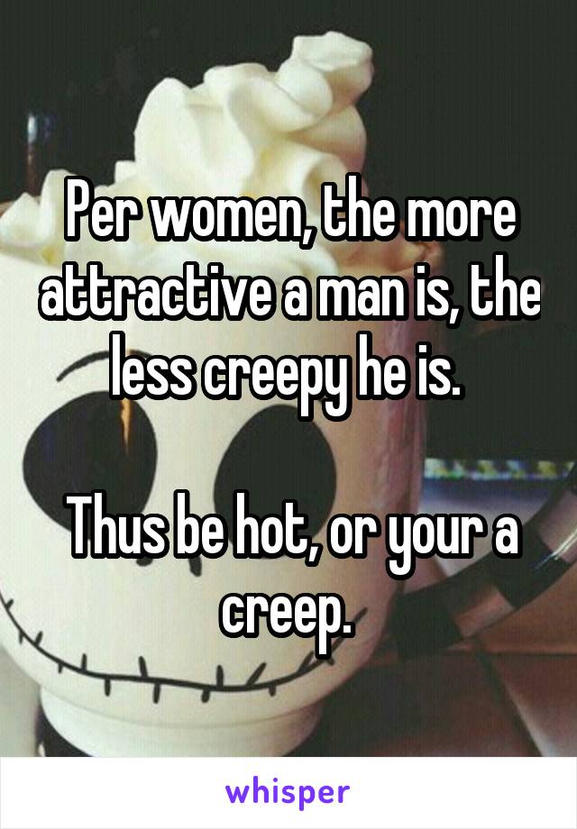 Per women, the more attractive a man is, the less creepy he is. 

Thus be hot, or your a creep. 