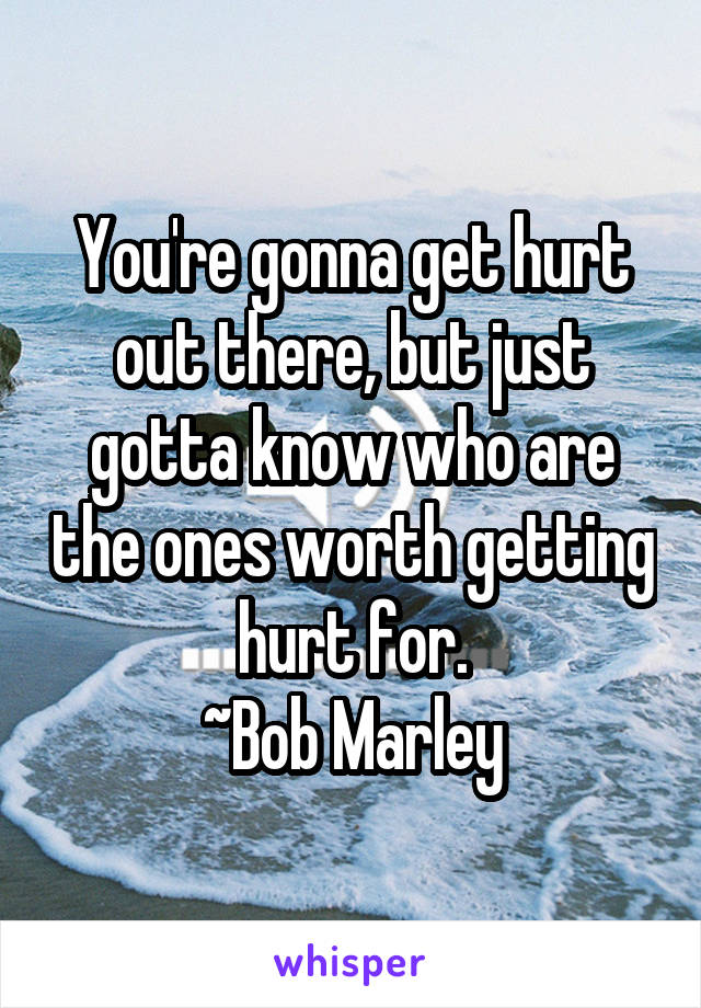 You're gonna get hurt out there, but just gotta know who are the ones worth getting hurt for.
~Bob Marley
