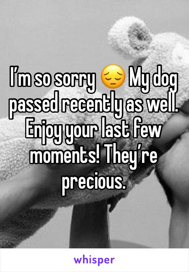 I’m so sorry 😔 My dog passed recently as well. Enjoy your last few moments! They’re precious. 